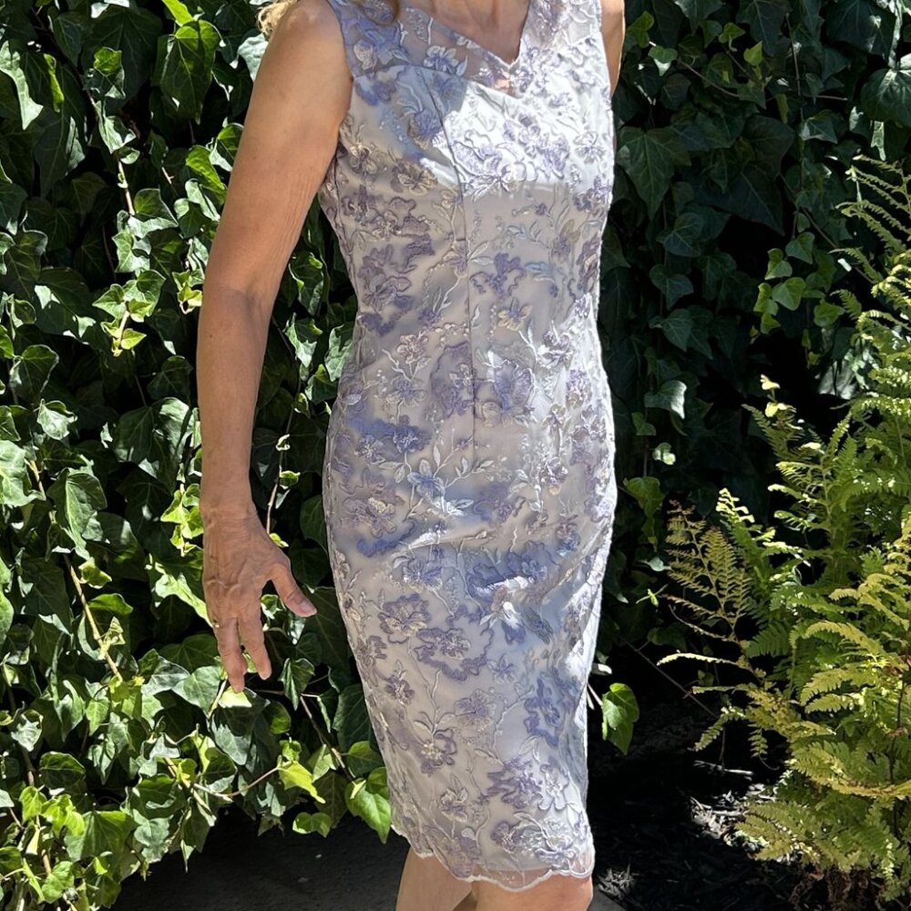 Alex Evenings size 8, v-neck sheath midi gown with matching chiffon long jacket.